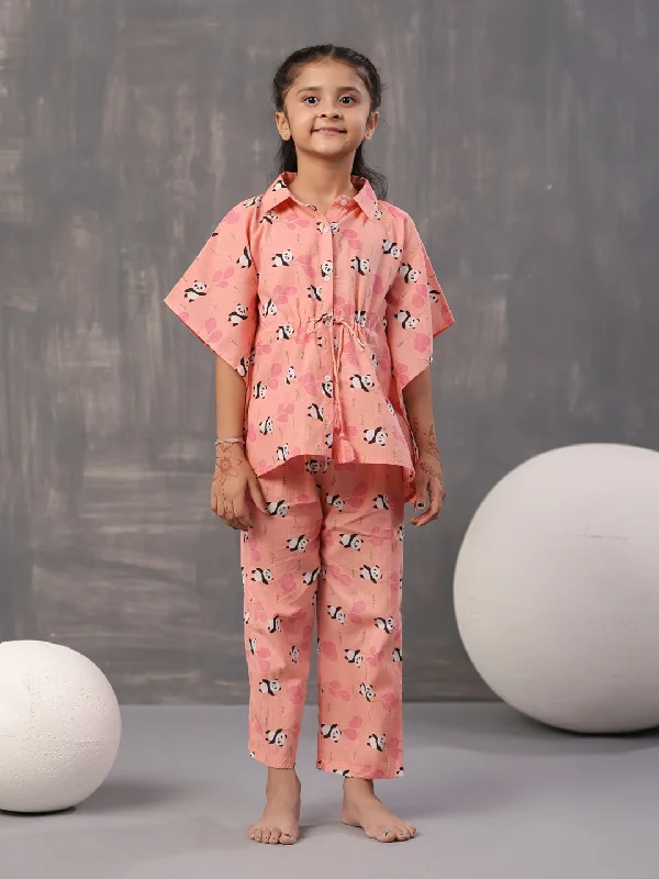 Floral Panda Printed Cotton Kids Night Suits