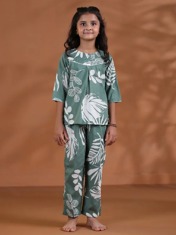 Green Floral Cotton Night Suit for Kids