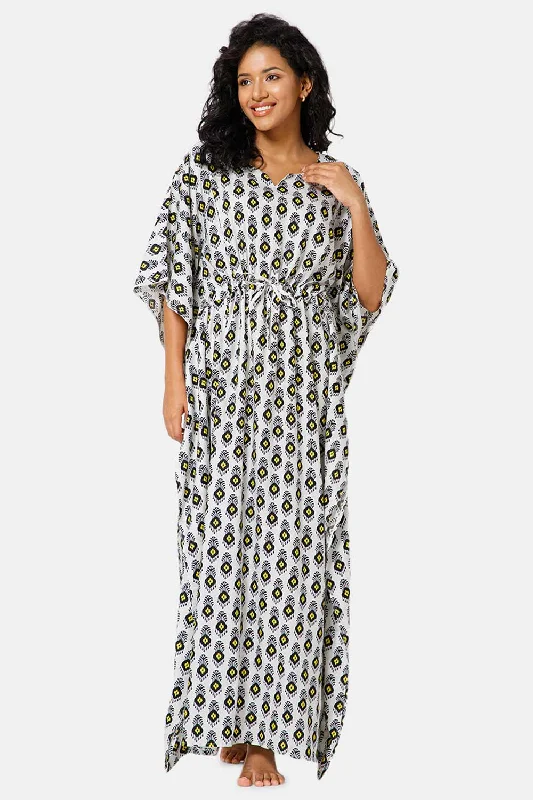 Naidu Hall  Round Neck Kaftan Style Printed Nighty-Black White - NT27