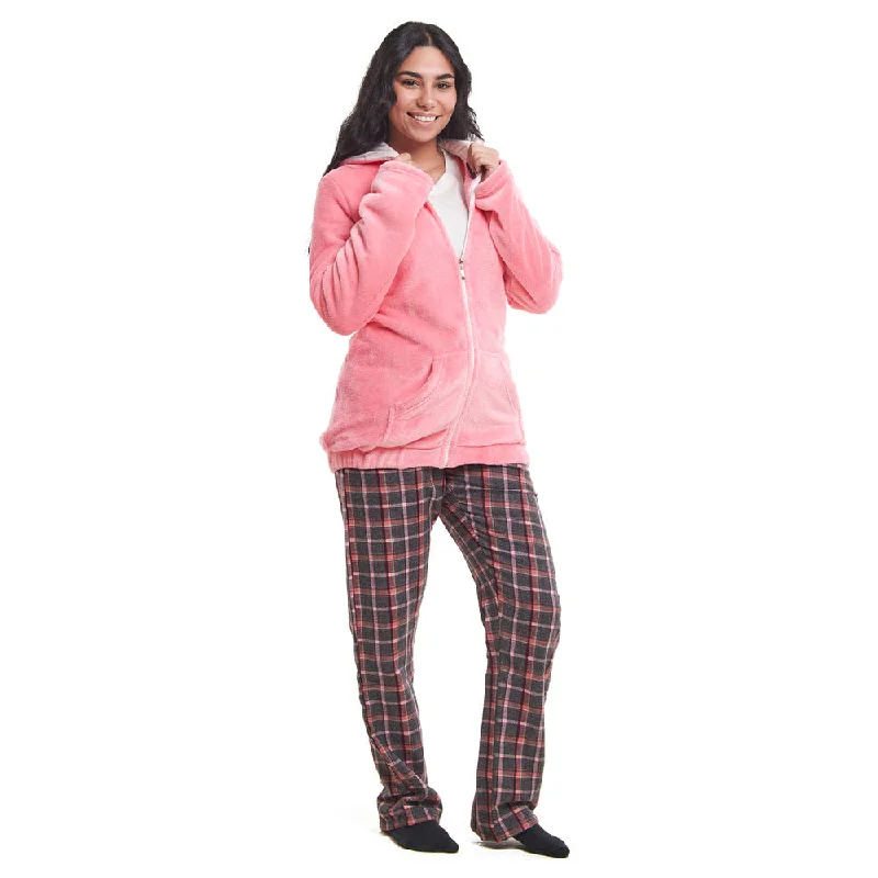 Women Winter Pajama 3 PCS Set Simon Sweatshirt +Off-white top+ Pink x Dark Grey Checkered Pants