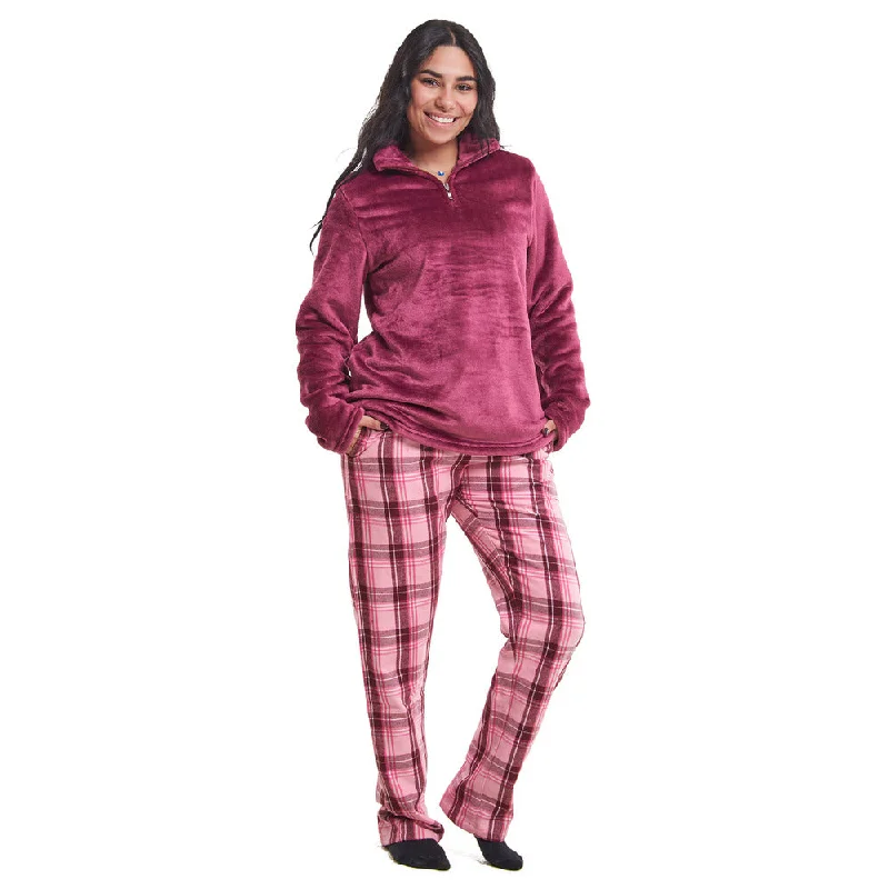 Women Winter Pajama Set Dark Fuchsia Sweatshirt + Maroon x Pink Checkered Pants