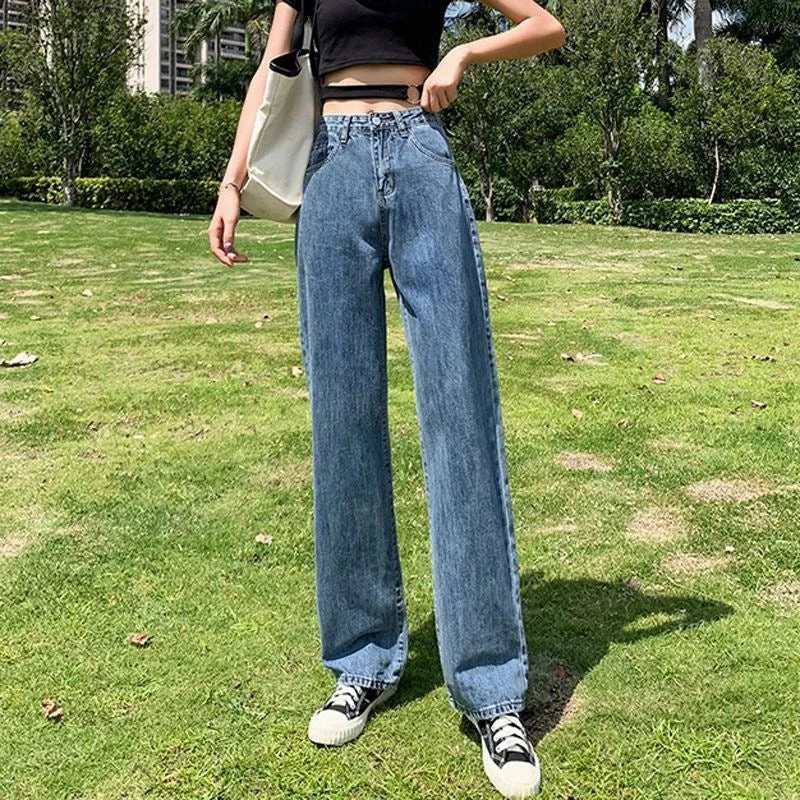 NiDELL Women's Wide-Leg Jeans Loose Spring and Autumn . New Korean Style Slimming High Waist Drooping Straight Mop Pants Fashion