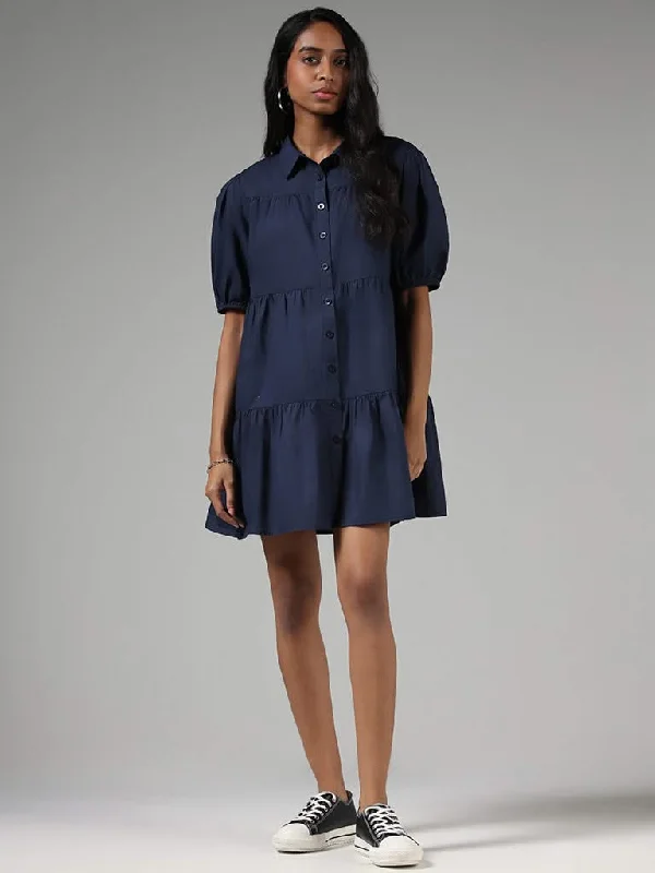 Nuon Solid Navy Blue Tiered Shirt Dress